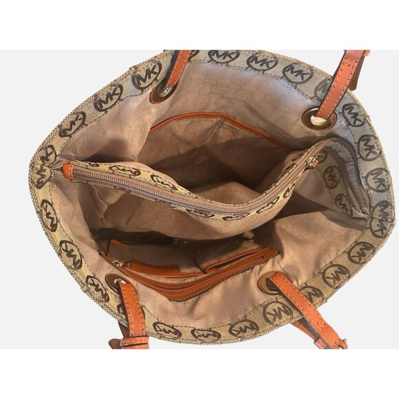 Michael Kors Brown MK Monogram Canvas Shoulder Tote Bag Purse - Picture 5 of 11